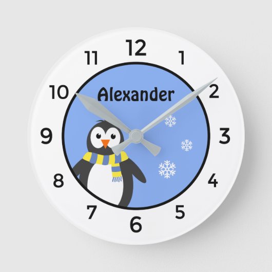 かわいいベビーのペンギンは一流の青く白い子供を加えます ラウンド壁時計 (正面)