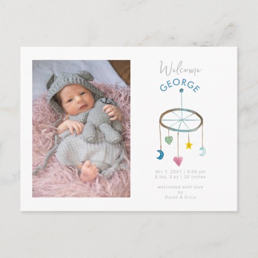 かわいいベビーのモバイルフォトベビーの発表 案内ポストカード (正面)
