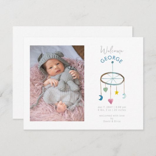 かわいいベビーのモバイルフォトベビーの発表 案内状 (正面/裏面)