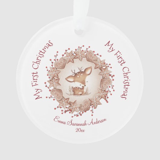 かわいいベビーの初めてのクリスマスオーナメントディアレッド オーナメント (正面)