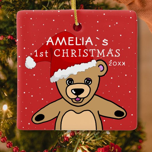 かわいいベビーの初めてのクリスマステディベアサンタハット セラミックオーナメント