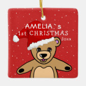 かわいいベビーの初めてのクリスマステディベアサンタハット セラミックオーナメント (正面)
