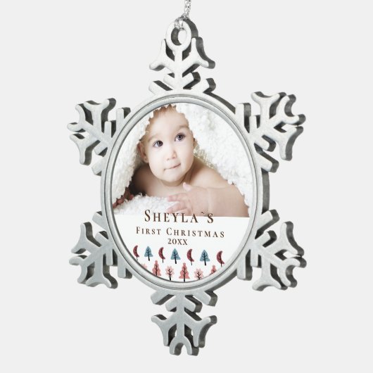 かわいいベビーの初めてのクリスマスフォレストパステル写真 スノーフレークピューターオーナメント (右)