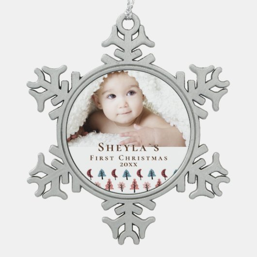 かわいいベビーの初めてのクリスマスフォレストパステル写真 スノーフレークピューターオーナメント (正面)