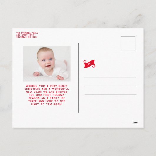 かわいいベビーの初めてのクリスマス赤 シーズンポストカード (裏面)