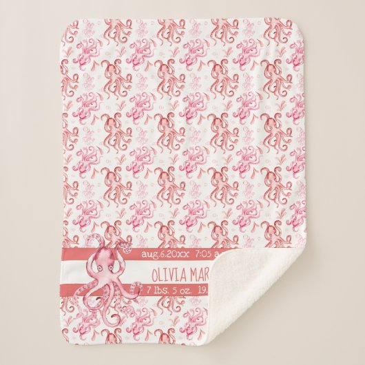 かわいいベビーの名前珊瑚とピンクの水彩タコ シェルパブランケット (正面)