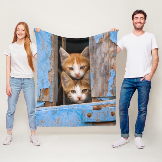 かわいいベビーの子猫が古いヴィンテージの青い窓に – フリースブランケット (インサイチュ)