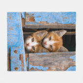 かわいいベビーの子猫が古いヴィンテージの青い窓に – フリースブランケット (正面(横))