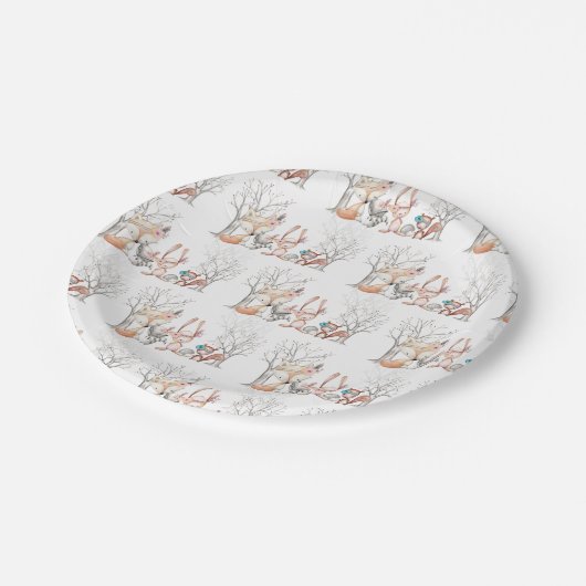 かわいいベビーの森林動物のアライグマキツネのシカのフクロウ ペーパープレート (アングル)