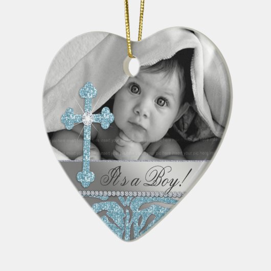 かわいいベビーの洗礼の十字の誕生の発表のシマウマ セラミックオーナメント (左)