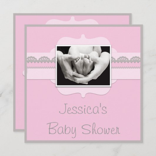 かわいいベビーの足のピンクのベビーシャワーはあなたの写真を加えます 招待状 (正面/裏面)