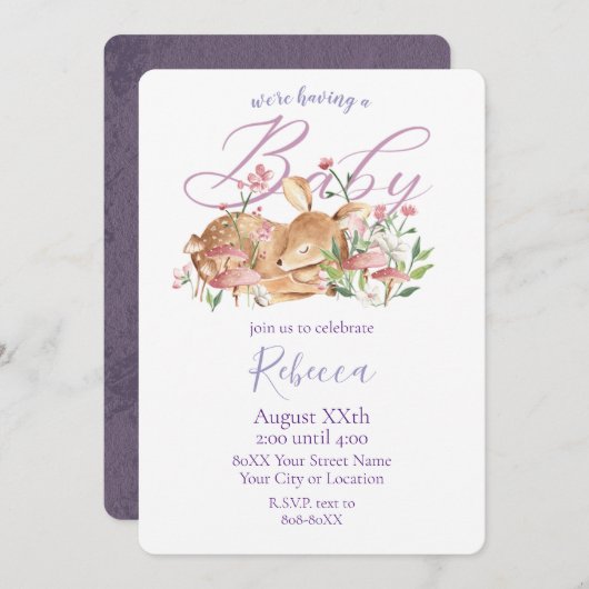 かわいいベビーの鹿が花で眠る 招待状 (正面/裏面)