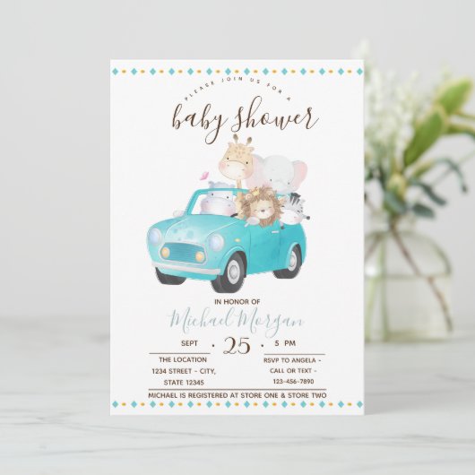 かわいいベビーアニマルズカー、ジグザグベビーシャワー 招待状 (スタンド正面)