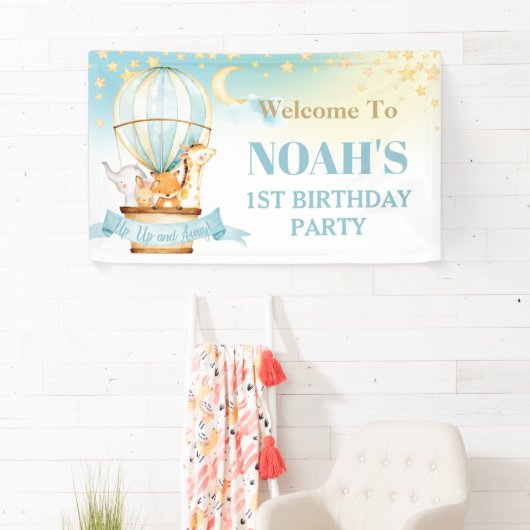 かわいいベビーアニマルズホットエアバルーン誕生日へようこそ 横断幕 (インサイチュ)