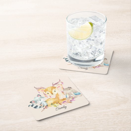かわいいベビーアニマル名前をカスタムする 男女兼用 スクエアペーパーコースター (インサイチュ)