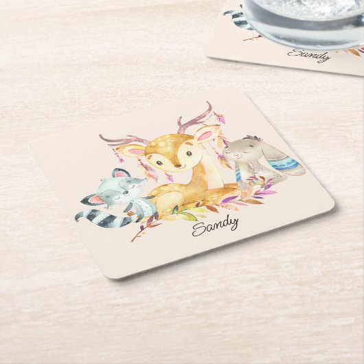 かわいいベビーアニマル名前をカスタムする 男女兼用 スクエアペーパーコースター (アングル)