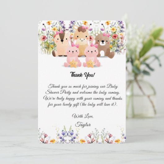 かわいいベビーアニマル&ワイルドフラワーサンキューカード 招待状 (スタンド正面)