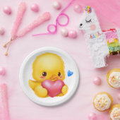 かわいいベビーアヒルとピンクバレンタインハート ペーパープレート (パーティー)