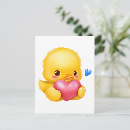 かわいいベビーアヒルとピンクバレンタインハート ポストカード (スタンド正面)