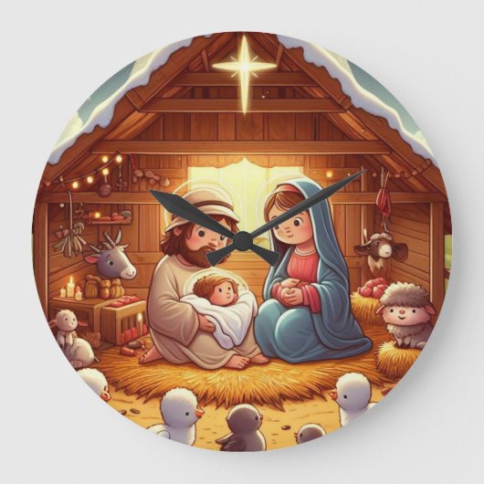 かわいいベビーイエズクリスマス出生 ラージ壁時計 (正面)