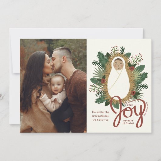 かわいいベビーイエズスのスクリプト喜び写真クリスマス シーズンカード (正面)