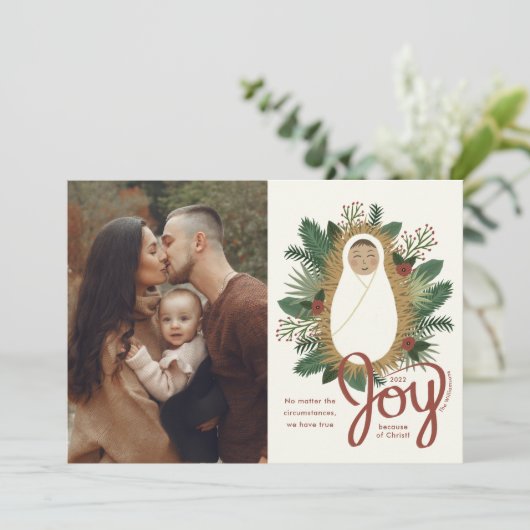 かわいいベビーイエズスのスクリプト喜び写真クリスマス シーズンカード (スタンド正面)