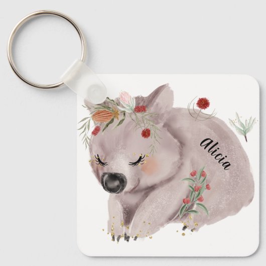 かわいいベビーウォンバット金ゴールドスペックル名前をカスタムする キーホルダー (正面)