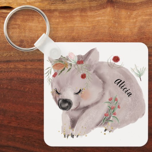 かわいいベビーウォンバット金ゴールドスペックル名前をカスタムする キーホルダー (正面)