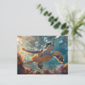 かわいいベビーウミガメとシャボン玉 ポストカード (スタンド正面)