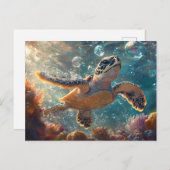 かわいいベビーウミガメとシャボン玉 ポストカード (正面/裏面)