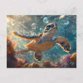 かわいいベビーウミガメとシャボン玉 ポストカード (正面)