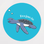 かわいいベビーウミガメ漫画イラストレーション ラベル (デザイン2)