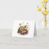 かわいいベビーウミガメ(花空白の付き) カード (黄色い花)