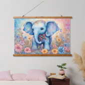 かわいいベビーエレファントインザパステルデイジーガーデン 吊り下げ型タペストリー (寝室)