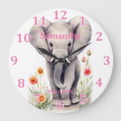 かわいいベビーエレファントパステルウォーターカラー春フラワー ラージ壁時計 (正面)