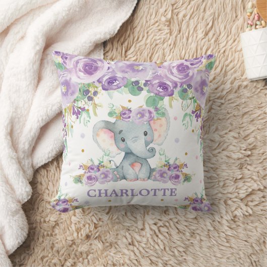 かわいいベビーエレファントパープルフローラガール子供部屋 クッション (ブランケット)