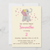 かわいいベビーエレファントピンク&グレー誕生日 招待状 (正面)