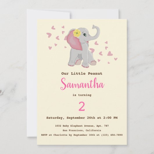 かわいいベビーエレファントピンク&グレー誕生日 招待状 (正面)