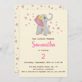 かわいいベビーエレファントピンク&グレー誕生日 招待状 (正面/裏面)