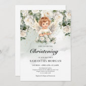 かわいいベビーエンジェルホワイトローゼズグリーンリーと金ゴールド 招待状 (正面/裏面)