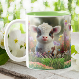 かわいいベビーカウカーフフラワーガーデンファームに座って ツートーンマグカップ