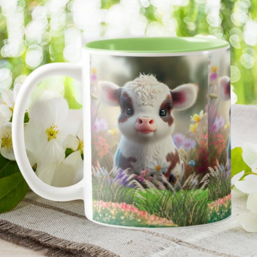 かわいいベビーカウカーフフラワーガーデンファームに座って ツートーンマグカップ