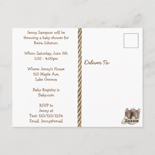 かわいいベビーカウボーイとテディベアベビーシャワー招待状 ポストカード (裏面)