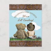 かわいいベビーカウボーイとテディベアベビーシャワー招待状 ポストカード (正面)