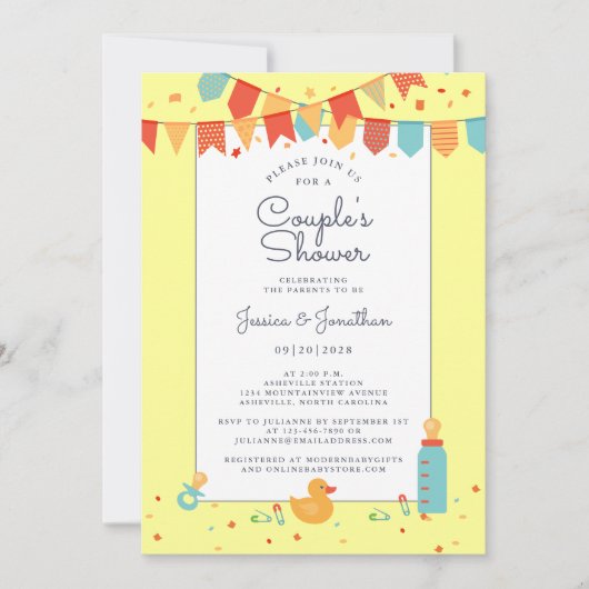 かわいいベビーカップルシャワーイエローレッドティール(緑がかった色)バナー 招待状 (正面)