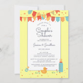 かわいいベビーカップルシャワーイエロー レッド ティール バナー 招待状 (正面)