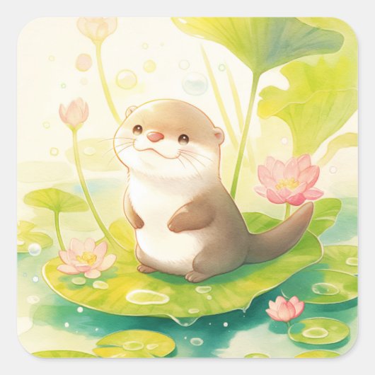 かわいいベビーカワウソのスイレン上の立ち姿 スクエアシール (正面)