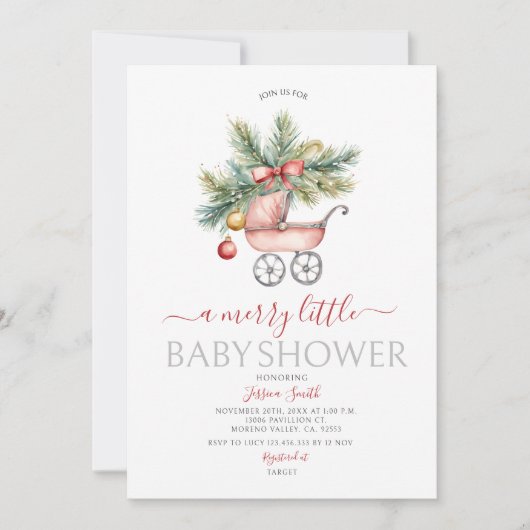 かわいいベビーカーのクリスマスメリー小さな赤ちゃんシャワー 招待状 (正面)