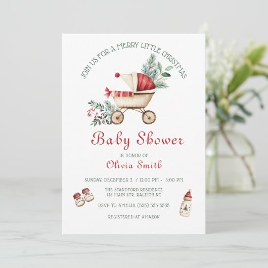 かわいいベビーカーメリーリトルクリスマスベビーシャワー 招待状 (スタンド正面)
