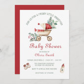 かわいいベビーカーメリーリトルクリスマスベビーシャワー 招待状 (正面/裏面)